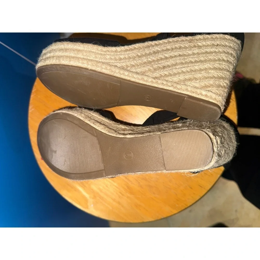 Black Faux Suede Espadrille Wedge Sandals Lace Up Ankle Tie Size 9